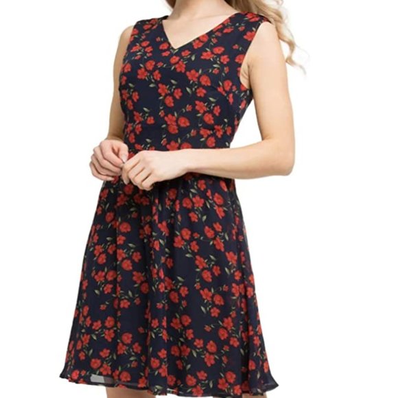 Dresses & Skirts - NWT Navy & Red Floral Print Chiffon Flounce Dress
